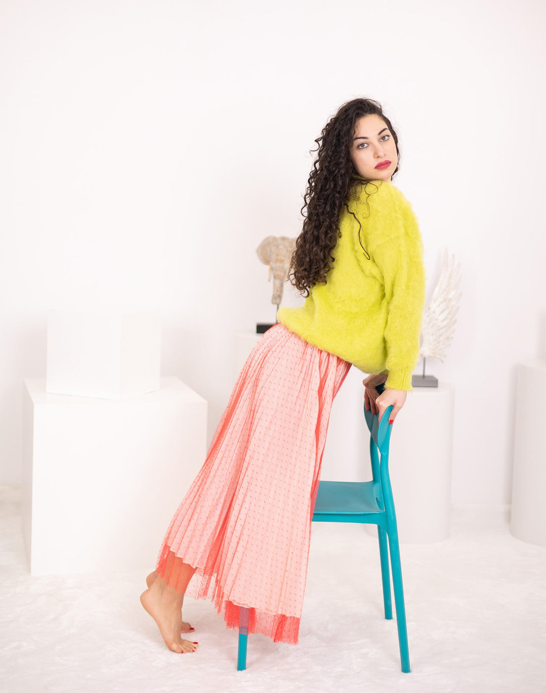 One available in size 2XL,Hand-Knitted Sweater, Bright Green Fluffy Alpaca Jumper T1563
