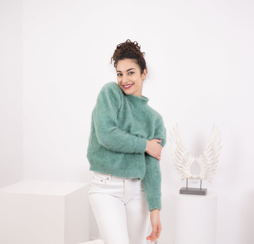 Hand Knitted Yak Merino Wool Sweater, Green Pullover T1564
