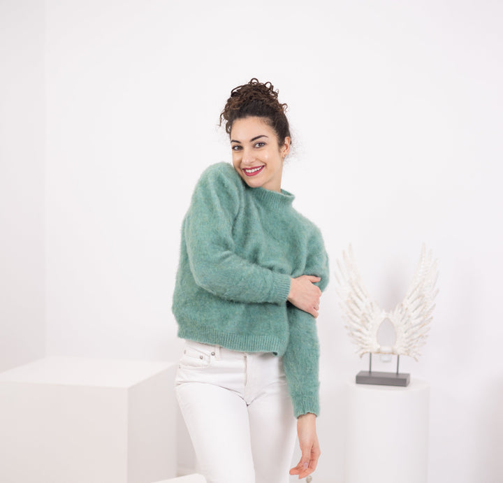 Hand Knitted Yak Merino Wool Sweater, Green Pullover T1564