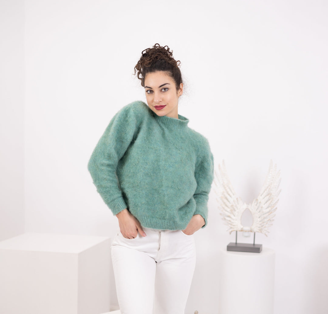 Hand Knitted Yak Merino Wool Sweater, Green Pullover T1564