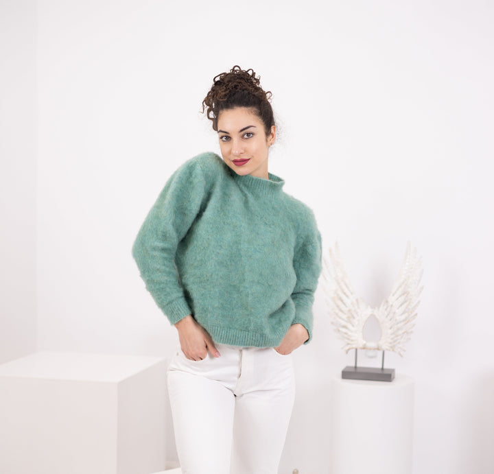 Hand Knitted Yak Merino Wool Sweater, Green Pullover T1564