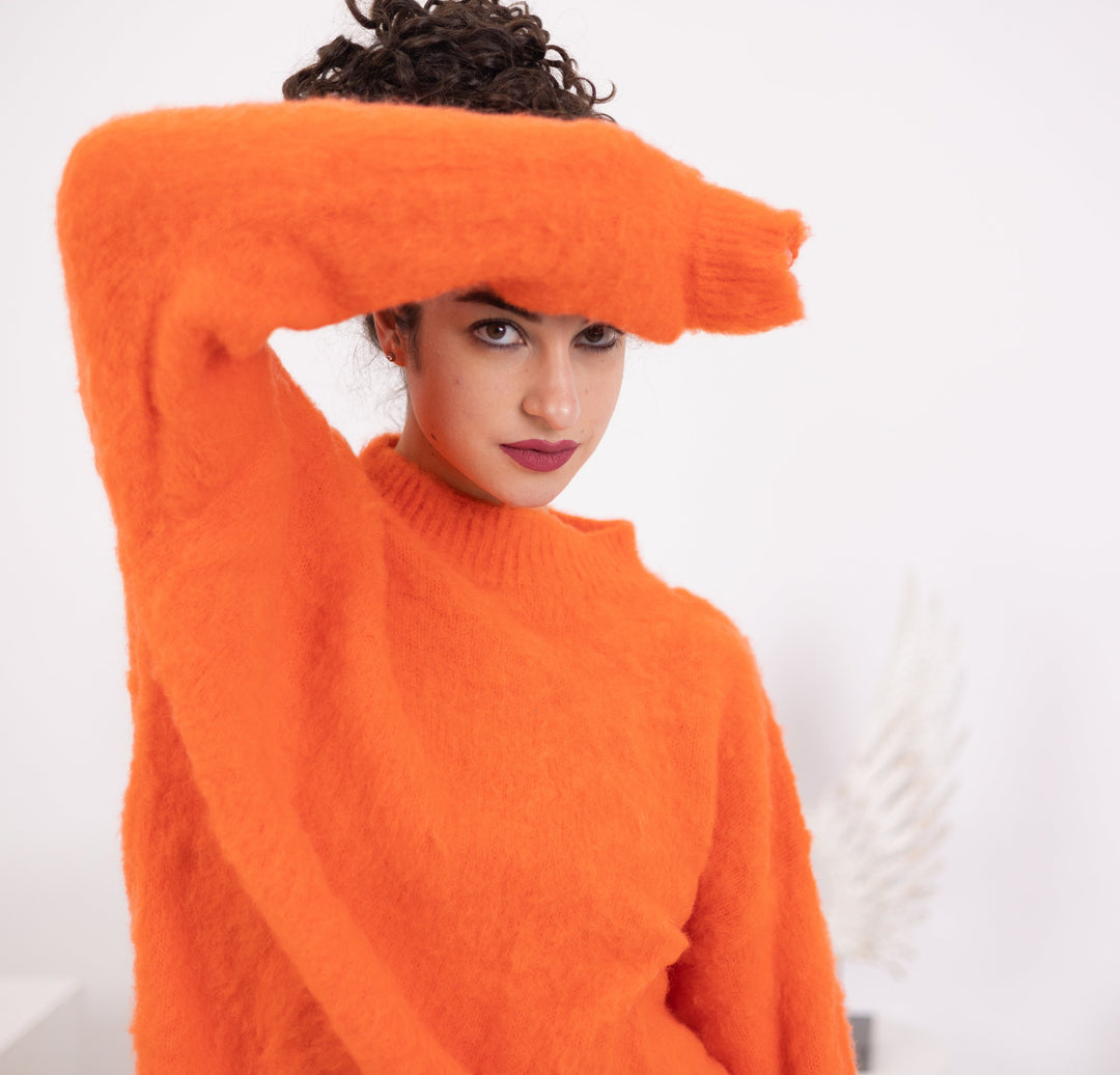 Hand-Knitted Baby Alpaca Blend Sweater, Orange Winter Knitwear T1565