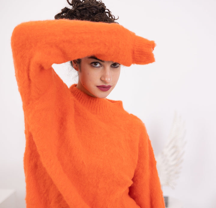 Hand-Knitted Baby Alpaca Blend Sweater, Orange Winter Knitwear T1565