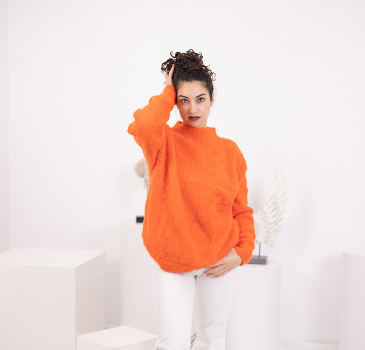 Hand-Knitted Baby Alpaca Blend Sweater, Orange Winter Knitwear T1565