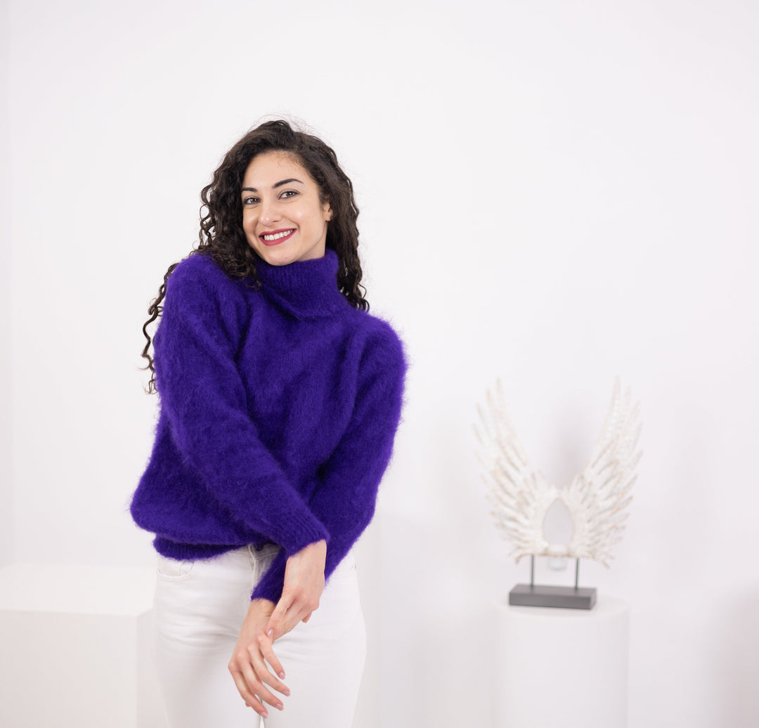 Hand-Knitted Purple Mohair Sweater – Fluffy Italian Yarn Jumper Soft Warm Knitwear T1568