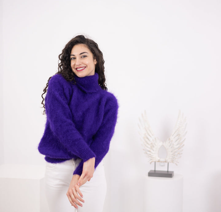 Hand-Knitted Purple Mohair Sweater – Fluffy Italian Yarn Jumper Soft Warm Knitwear T1568