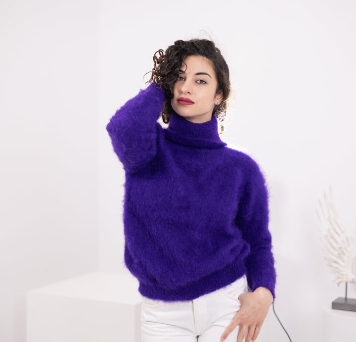 Hand-Knitted Purple Mohair Sweater – Fluffy Italian Yarn Jumper Soft Warm Knitwear T1568