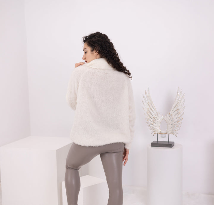White Alpaca Sweater, Hand Knitted Wool Blend Pullover, Soft Warm Cozy Winter Jumper T1569