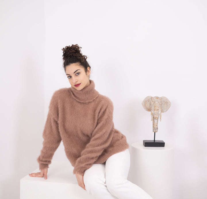 Brown Alpaca Sweater, Hand Knitted Wool Blend Pullover, Soft Warm Cozy Winter Jumper T1570