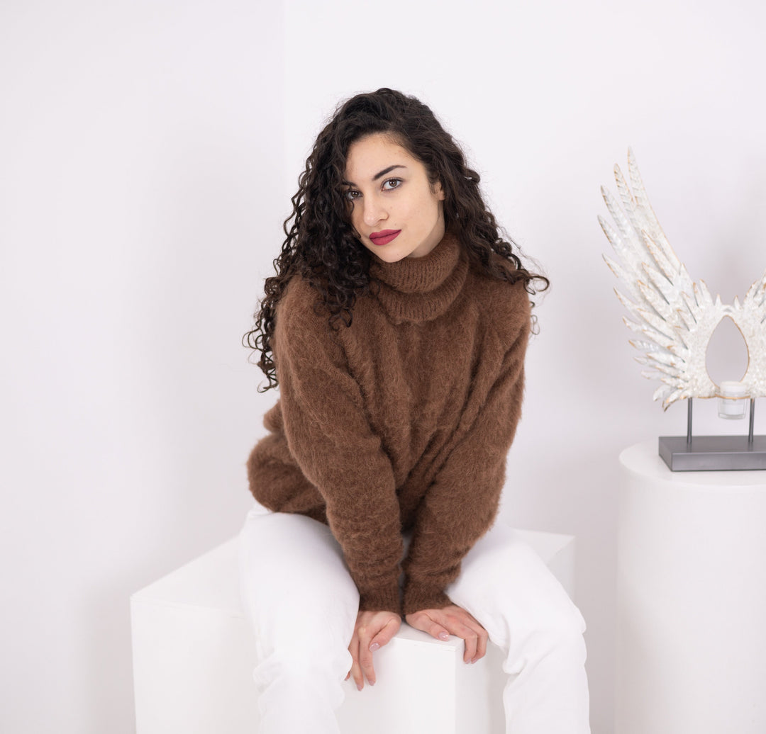 Brown Alpaca Sweater, Hand Knitted Wool Blend Pullover, Soft Warm Cozy Winter Jumper T1571