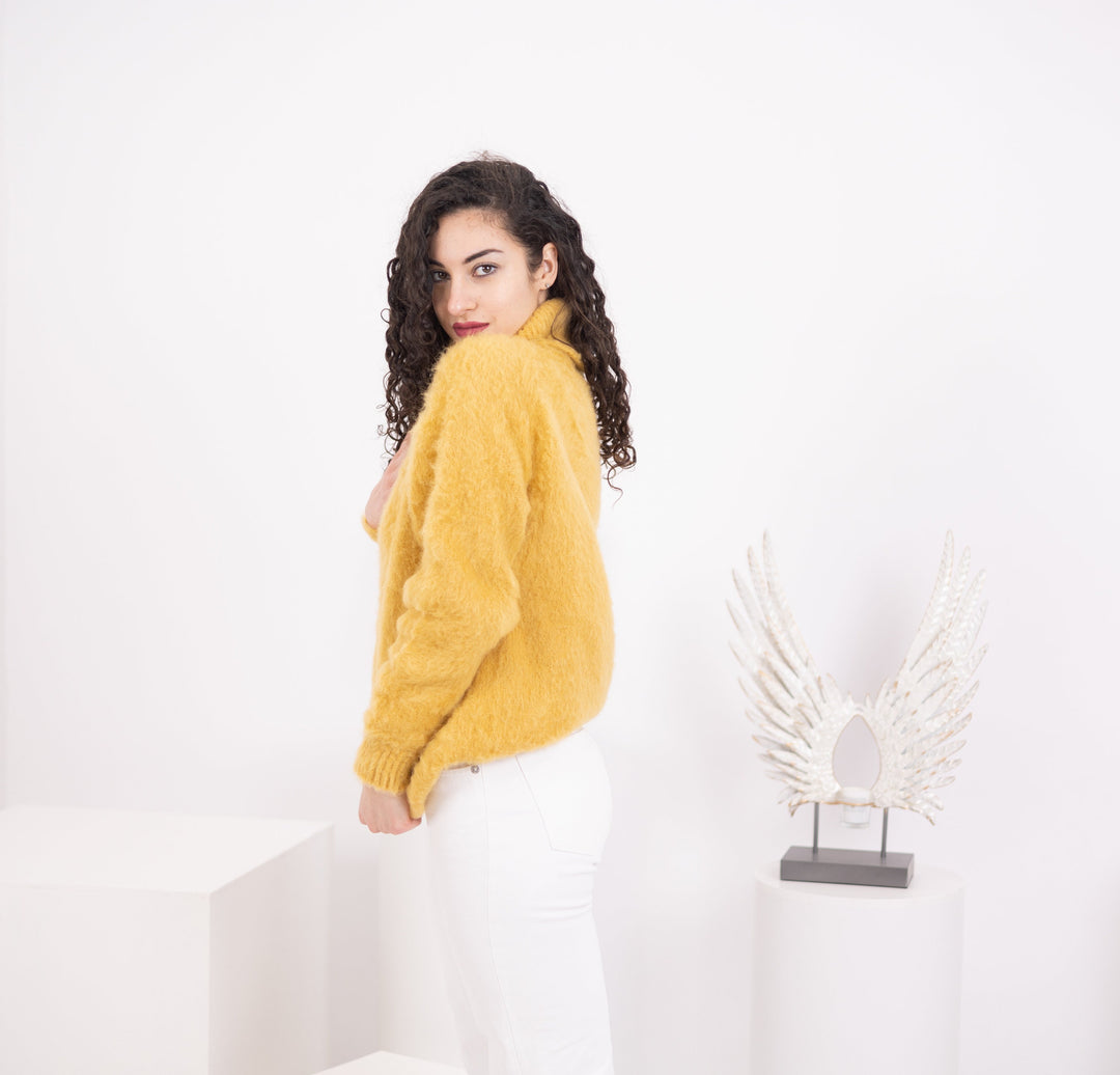 Hand Knitted Alpaca Wool Sweater, Mustard Yellow Pullover T1572