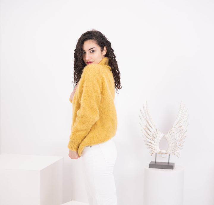 Hand Knitted Alpaca Wool Sweater, Mustard Yellow Pullover T1572