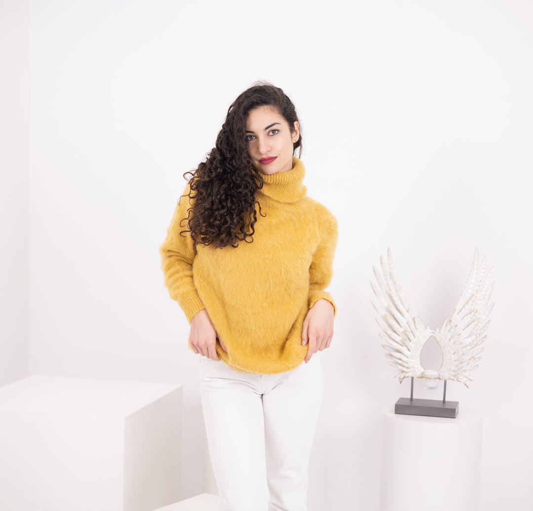 Hand Knitted Alpaca Wool Sweater, Mustard Yellow Pullover T1572