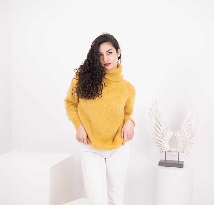 Hand Knitted Alpaca Wool Sweater, Mustard Yellow Pullover T1572