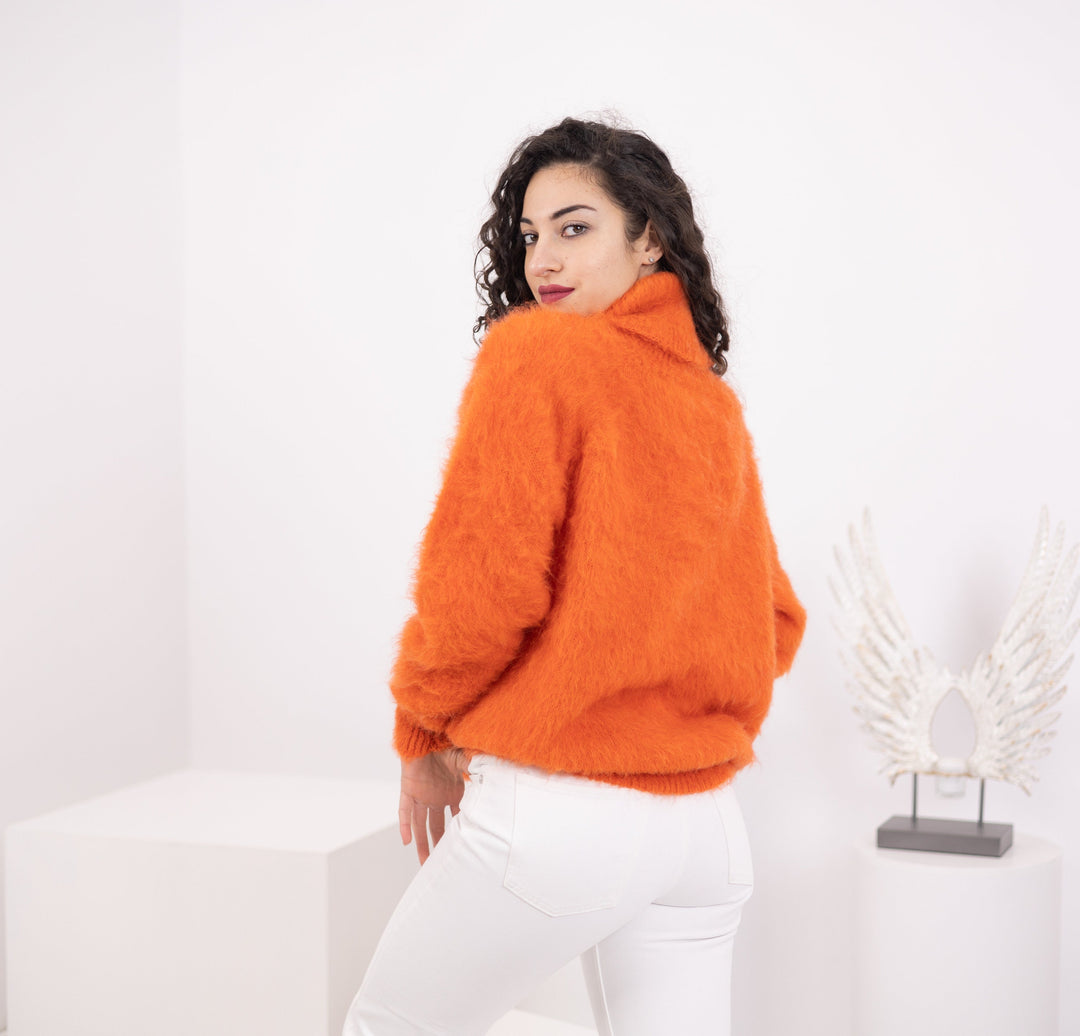 Orange Alpaca Sweater, Hand Knitted Soft Wool Pullover, Warm Cozy Lightweight Winter Jumper T1573