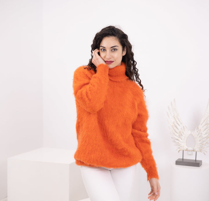 Orange Alpaca Sweater, Hand Knitted Soft Wool Pullover, Warm Cozy Lightweight Winter Jumper T1573