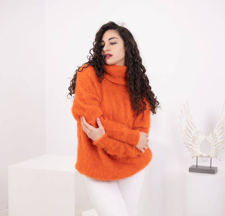 One available in size 2XL, Orange Alpaca Sweater, Fuzzy Pullover   T1573