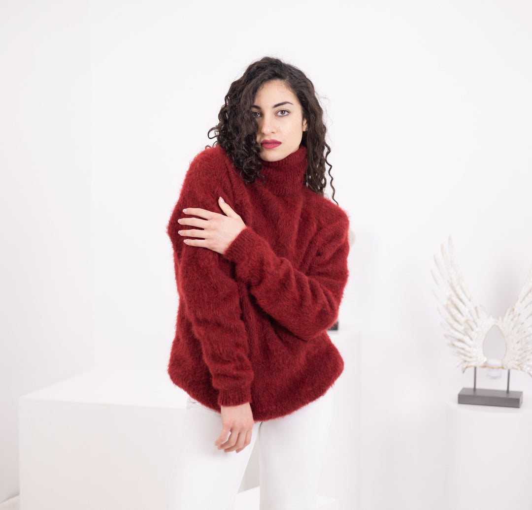 Bordeaux Alpaca Sweater, Hand Knitted Fluffy Fuzzy Pullover, Soft Warm Cozy Winter Jumper T1574