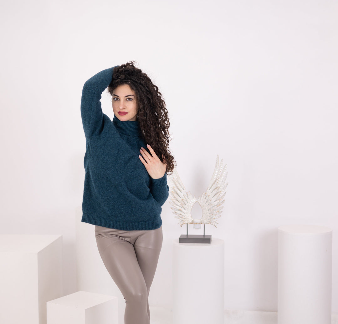 Hand-Knitted Yak & Merino Wool Sweater, Petrol Blue Knitwear T1577