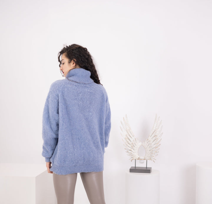 Blue Alpaca Sweater, Hand Knitted Soft Wool Pullover, Warm Cozy Lightweight Winter Jumper T1578