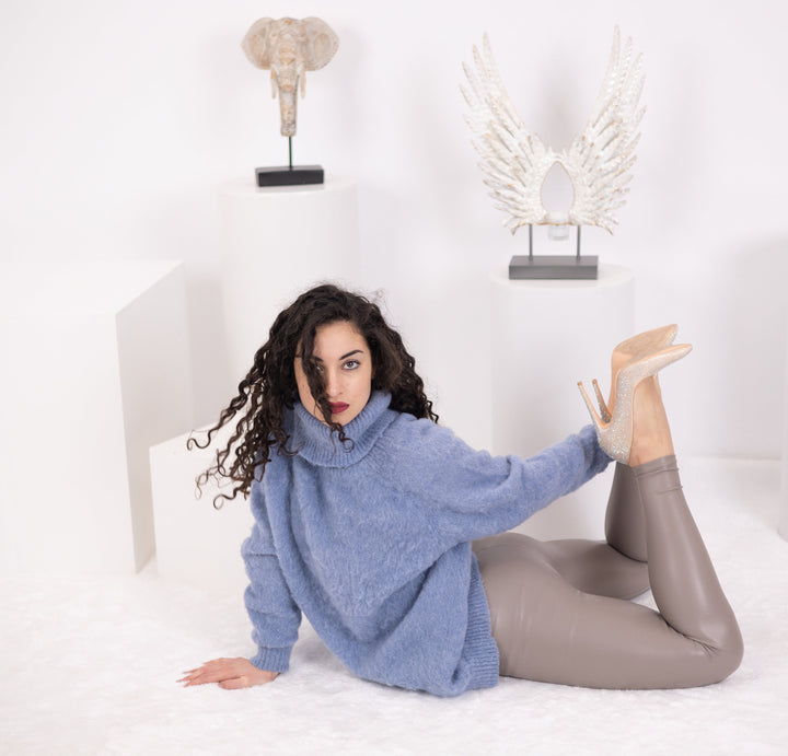 Blue Alpaca Sweater, Hand Knitted Soft Wool Pullover, Warm Cozy Lightweight Winter Jumper T1578
