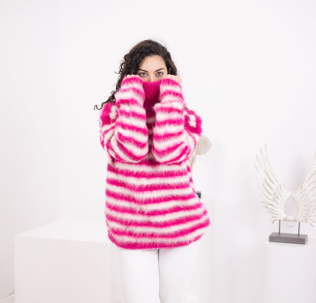 One available in size 5XL, Striped Pink and White  Flluffy Alpaca Sweater  T1579