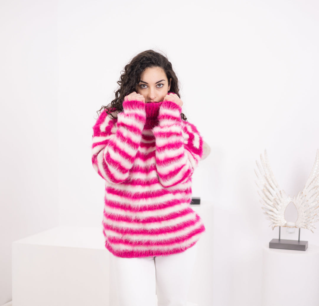 Hand-Knitted Striped Alpaca Sweater, Pink & White, Italian Yarn T1579