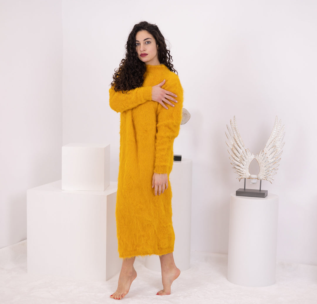 Yellow Alpaca Sweater Dress, Hand Knitted Fluffy Turtleneck Loose Maxi Dress T1580
