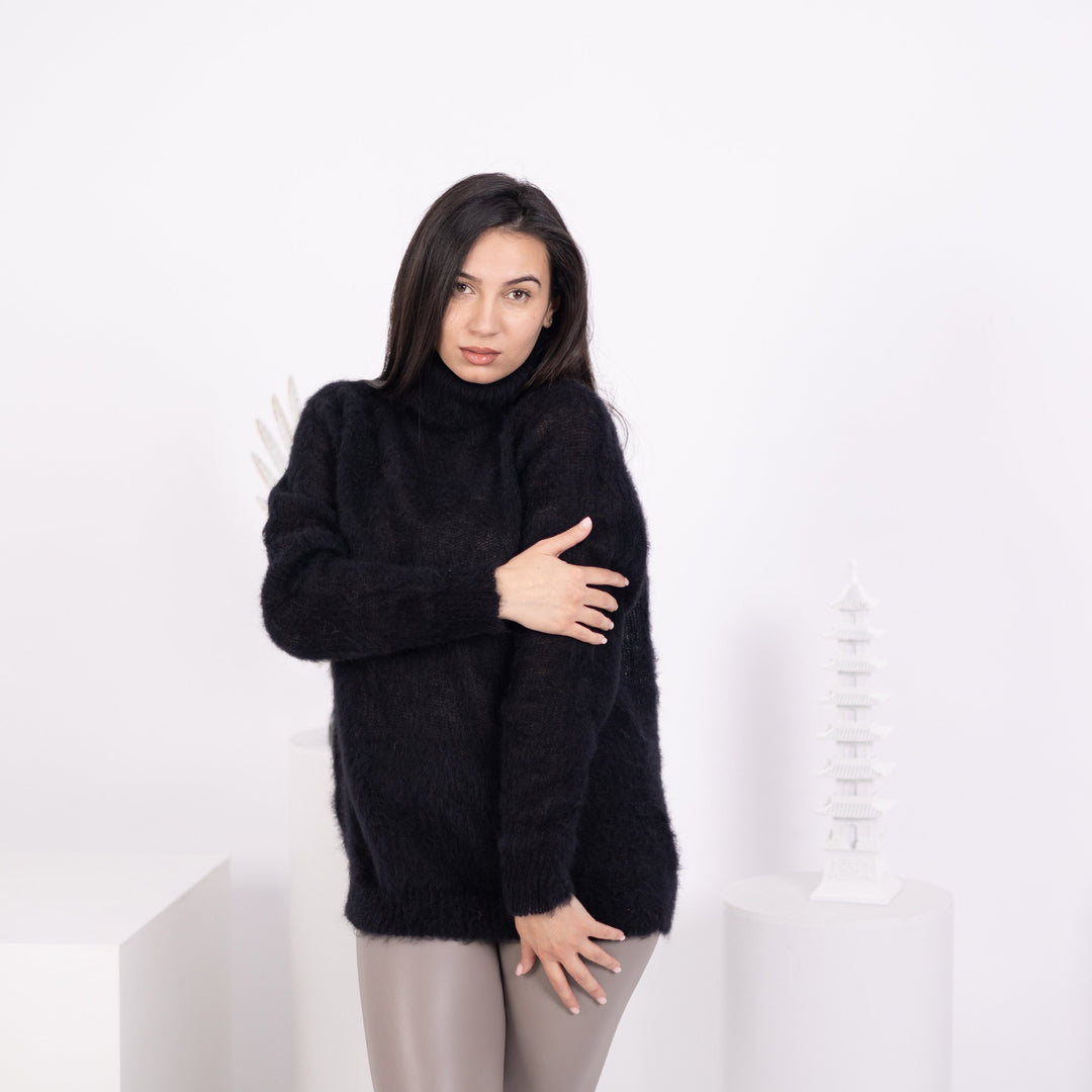 Black Alpaca Sweater, Hand Knitted Wool Blend Pullover, Soft Warm Cozy Winter Jumper T1581