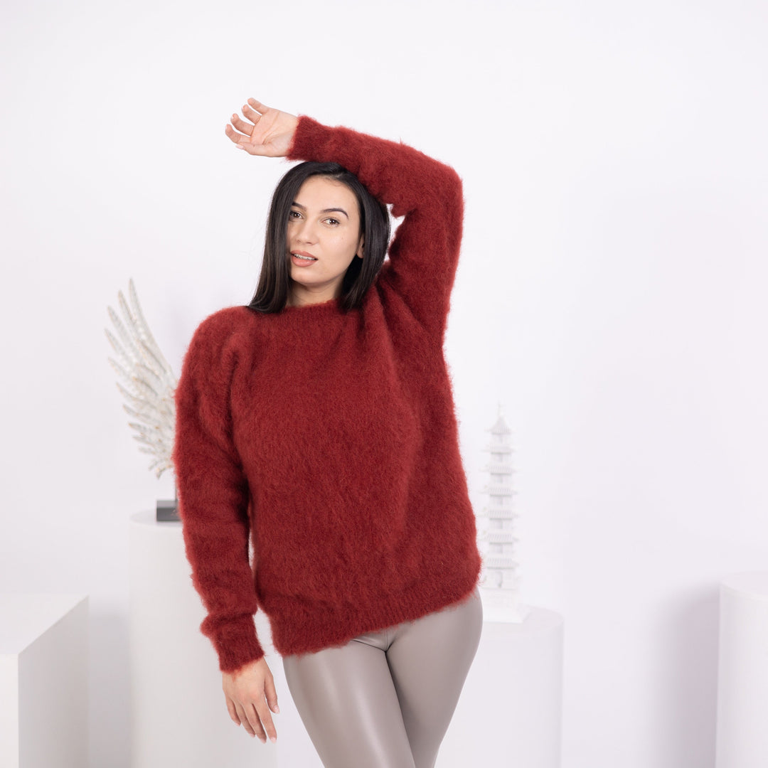 Burgundy Alpaca Sweater, Hand Knitted Fluffy Soft Pullover, Cozy Warm Fuzzy Winter Jumper T1582