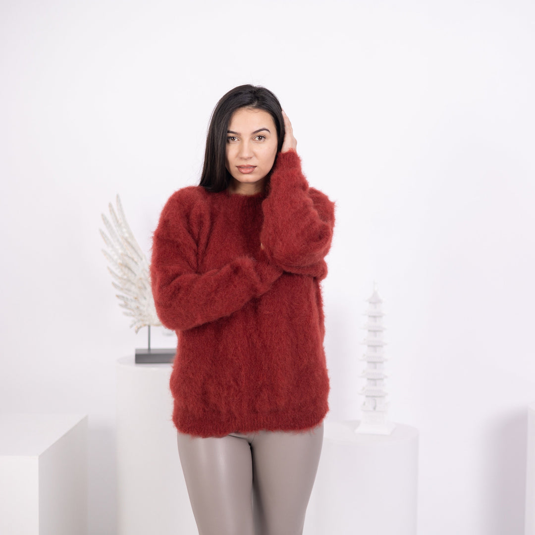 Burgundy Alpaca Sweater, Hand Knitted Fluffy Soft Pullover, Cozy Warm Fuzzy Winter Jumper T1582