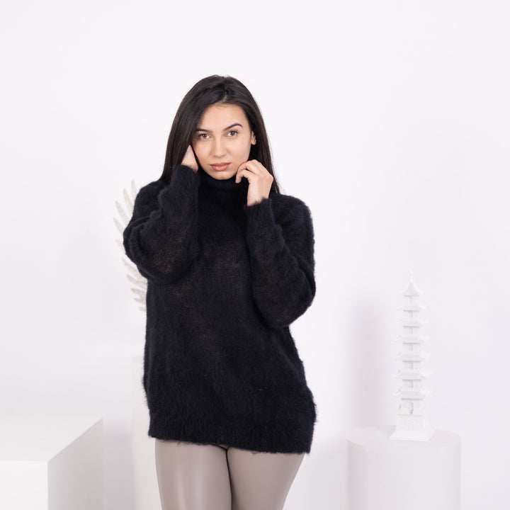 Black Alpaca Sweater, Hand Knitted Wool Blend Pullover, Soft Warm Cozy Winter Jumper T1581