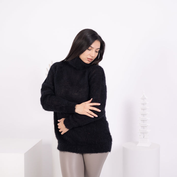 Black Alpaca Sweater, Hand Knitted Wool Blend Pullover, Soft Warm Cozy Winter Jumper T1581