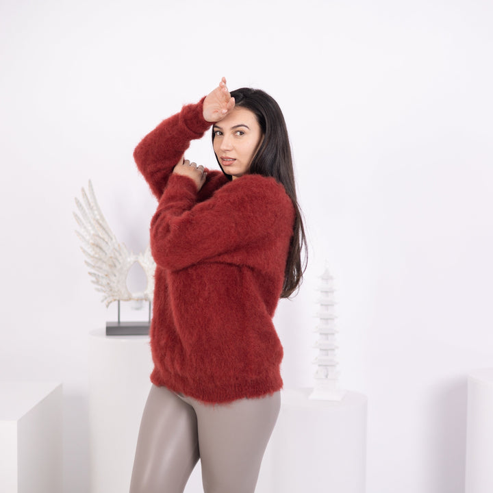 Burgundy Alpaca Sweater, Hand Knitted Fluffy Soft Pullover, Cozy Warm Fuzzy Winter Jumper T1582