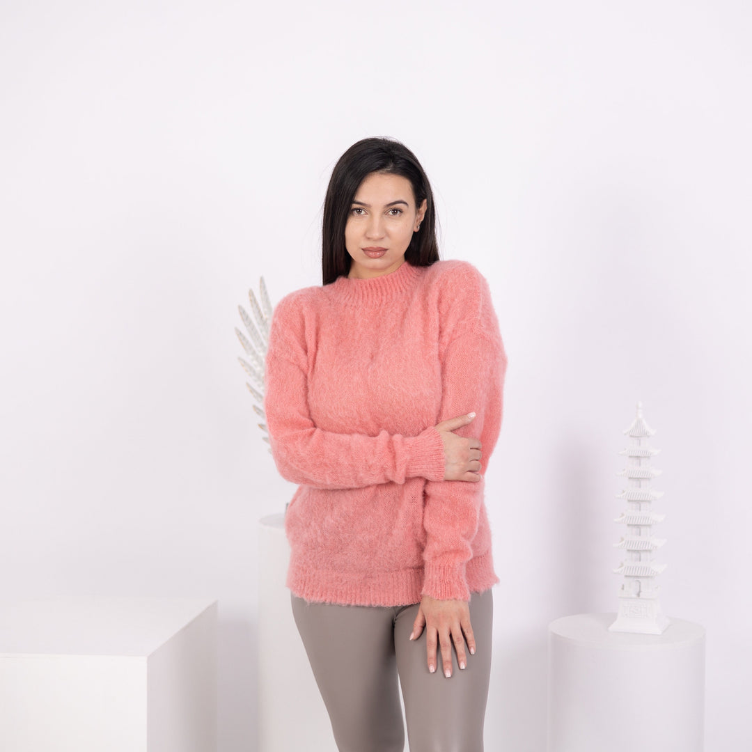 Pink Alpaca Sweater, Hand Knitted Fluffy Soft Pullover, Cozy Warm Winter Jumper T1583