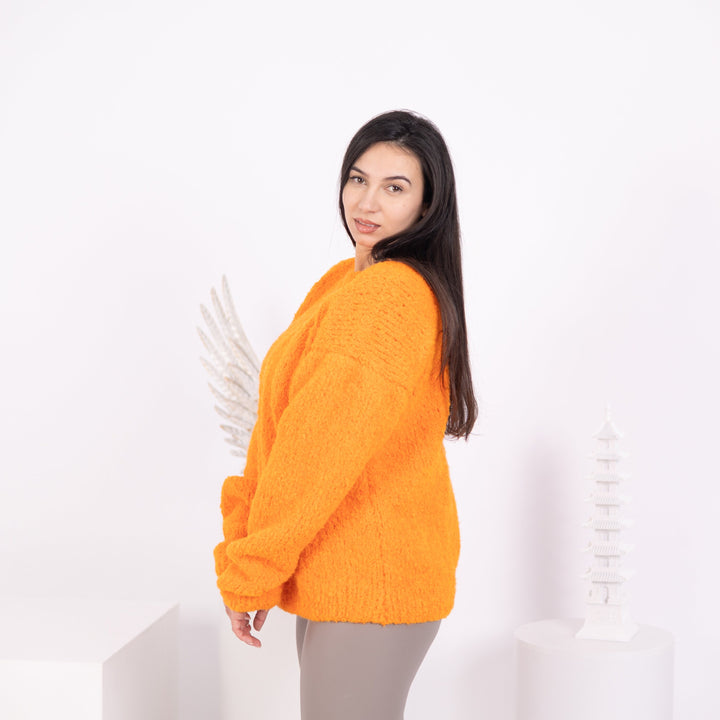 Neon Orange Alpaca Sweater, Hand Knitted Soft Crewneck Pullover, Bright Warm Wool Jumper T1585