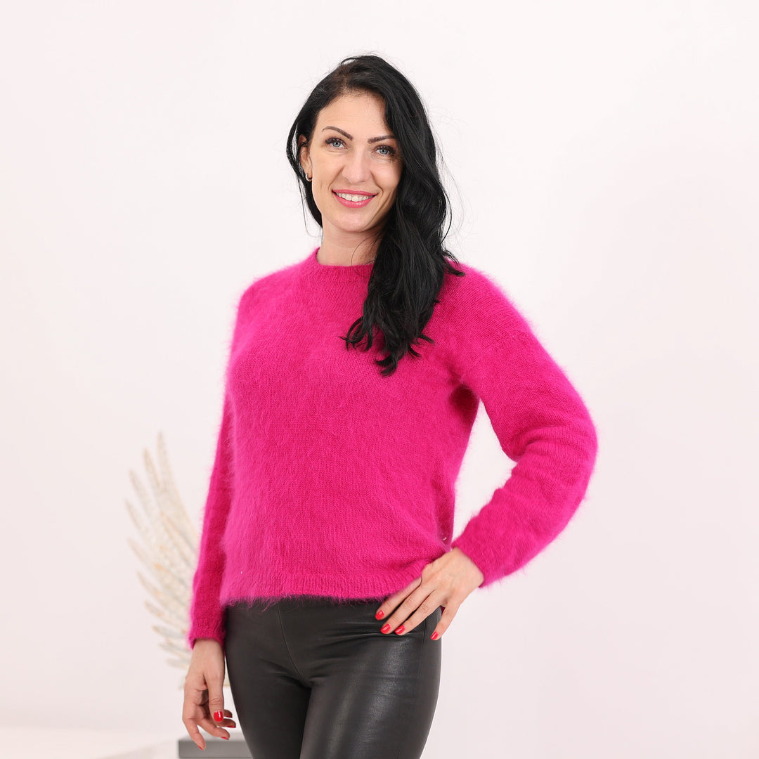 Pink Italian Angora Sweater, Hand Knitted Fluffy Pullover T1619