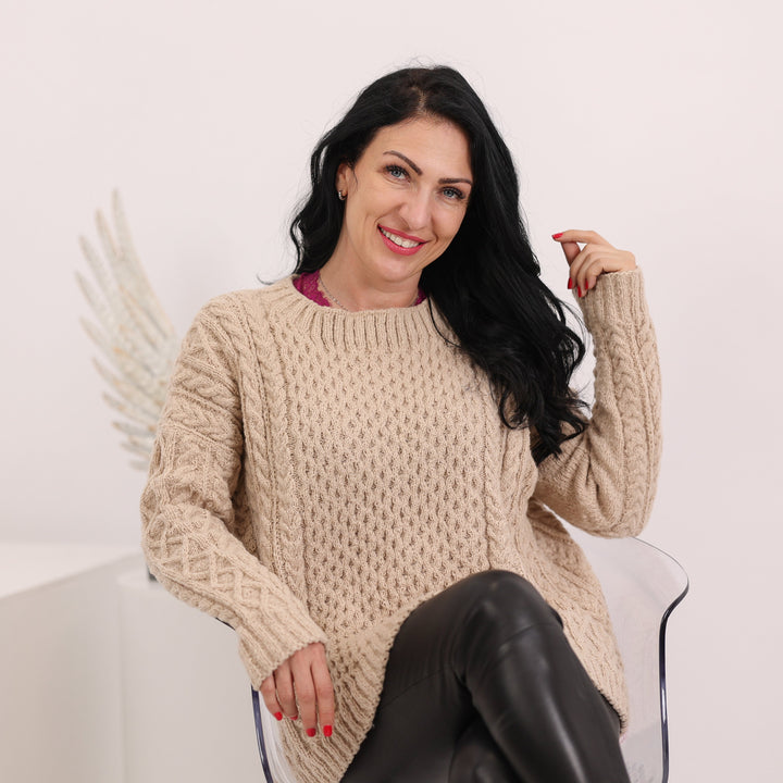Alpaca Cashmere Silk Wool Sweater, Hand Knitted Super Soft Cable Knit Warm Pullover T1620