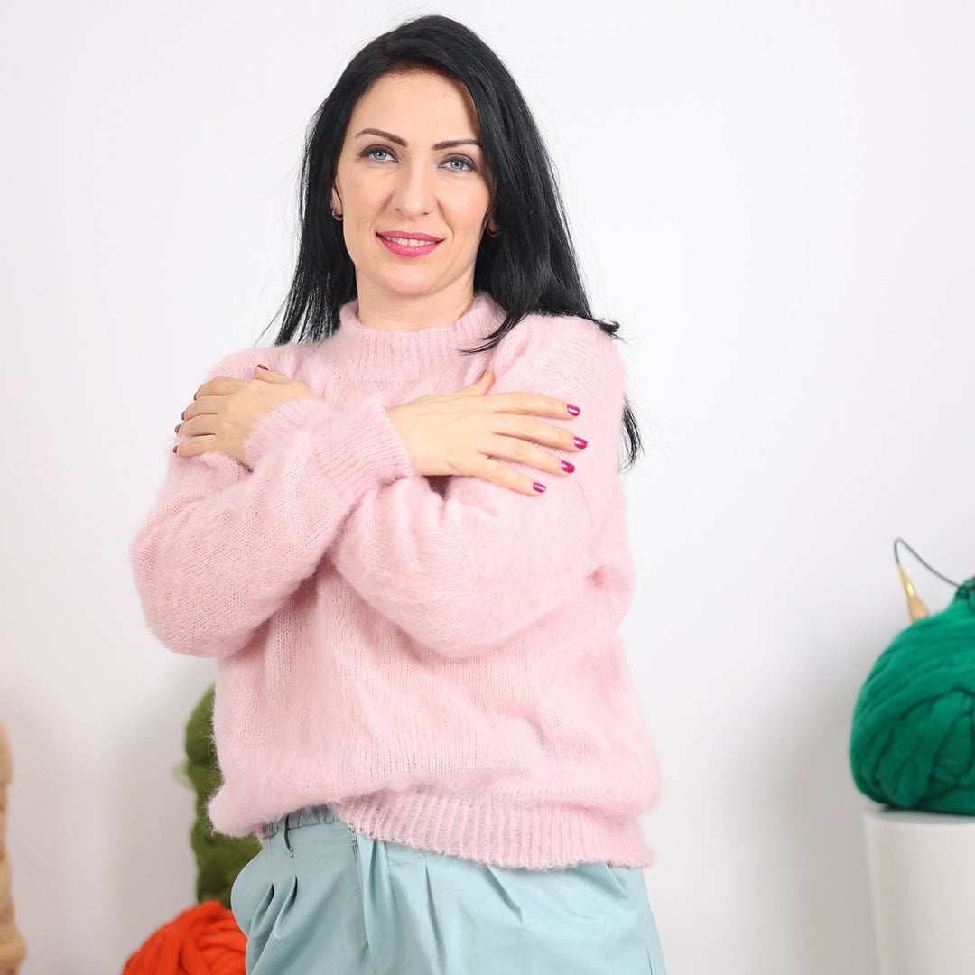 Hand Knit Baby Pink Alpaca Sweater, Merino Wool Blend T1605