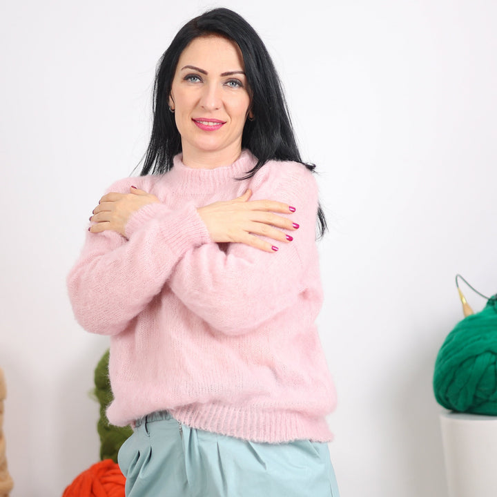 Hand Knit Baby Pink Alpaca Sweater, Merino Wool Blend T1605