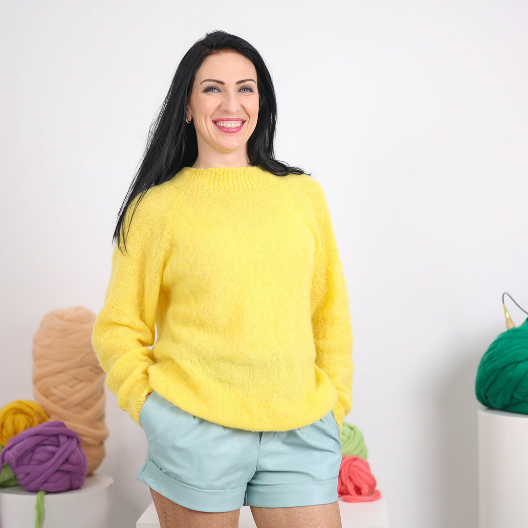 One available in size 2XL,Hand-Knitted Yellow Alpaca Sweater - Fluffy Knitwear T1608