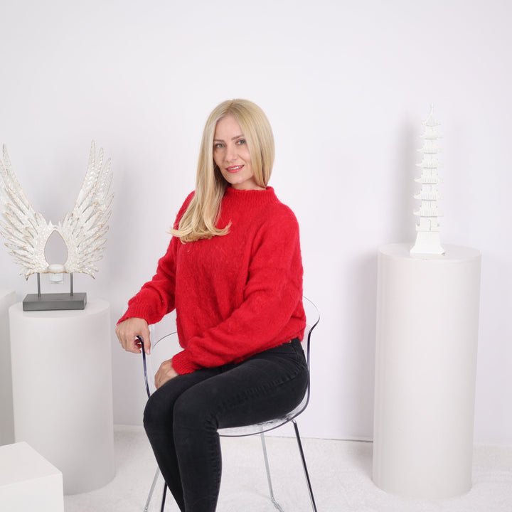 Red Alpaca Sweater, Hand Knitted Wool Blend Pullover, Soft Warm Cozy Winter Jumper T1633