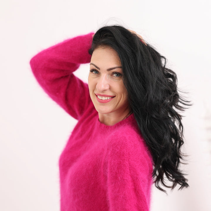 Pink Italian Angora Sweater, Hand Knitted Fluffy Pullover T1619