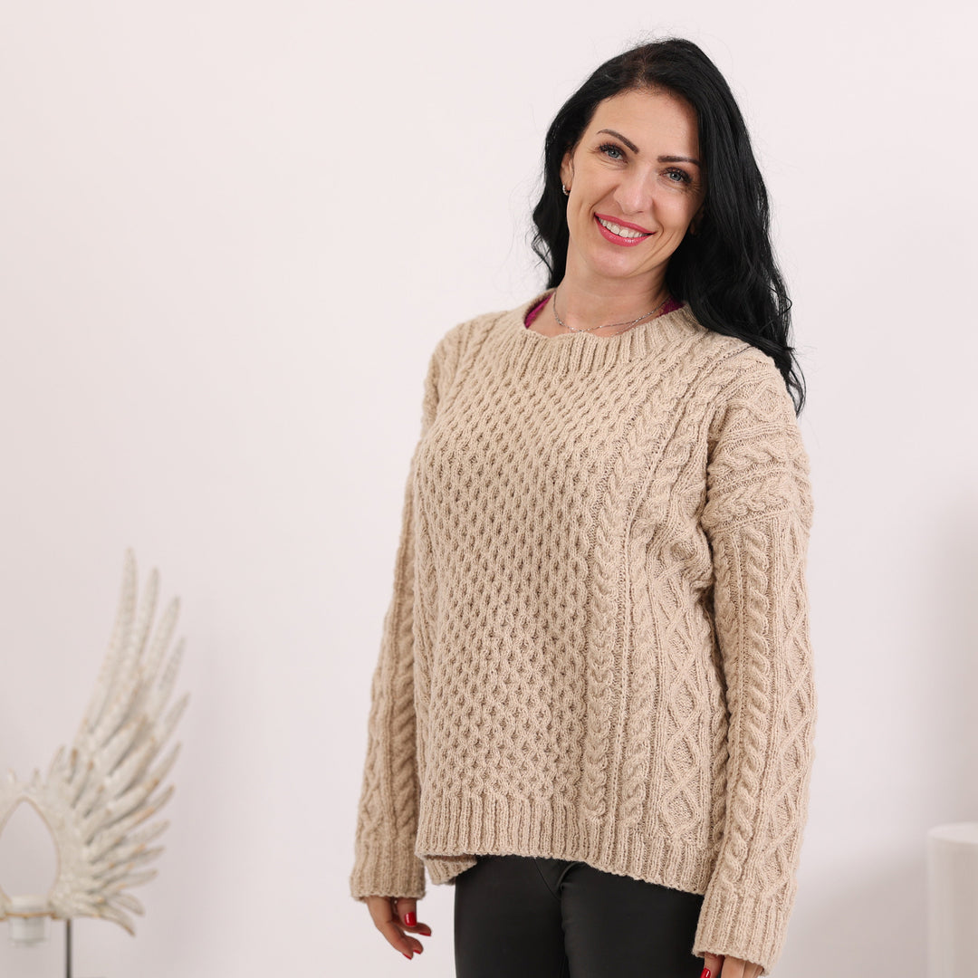 Alpaca Cashmere Silk Wool Sweater, Hand Knitted Super Soft Cable Knit Warm Pullover T1620