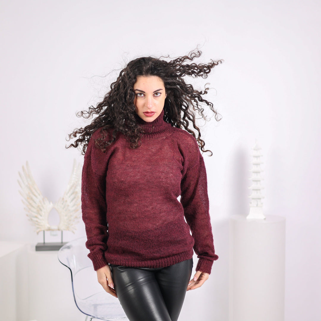 Hand Knitted Alpaca Blend Sweater, Lightweight Bordeaux Pullover T1636