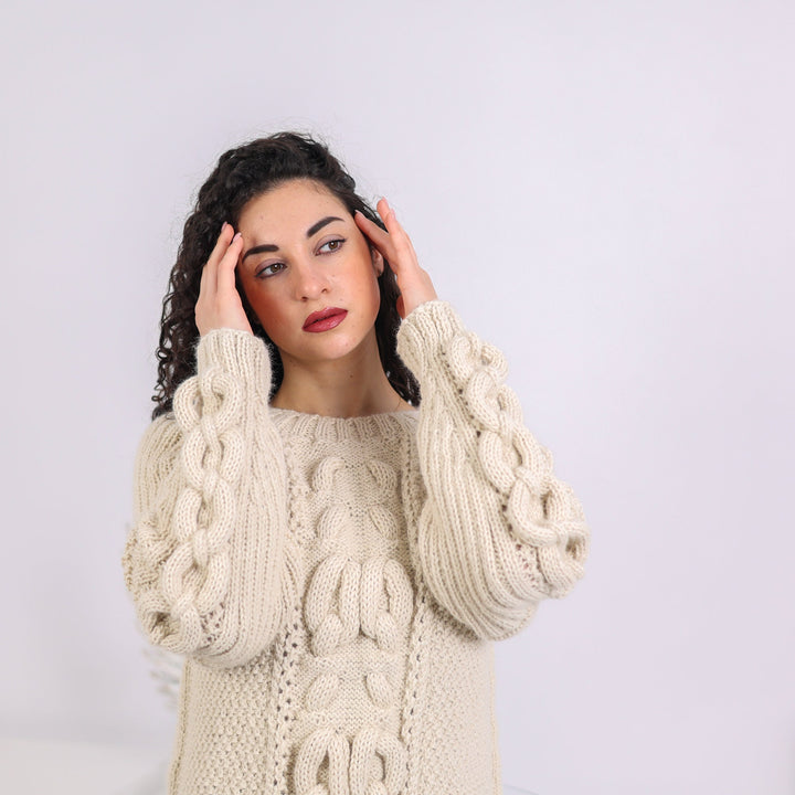 One available in size 2XL, 100 % Alpaca Cable knit sweater , Hand crafted sweater T1642
