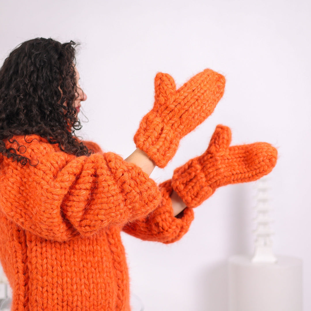 Orange Alpaca Mittens – Hand Knitted 60-Strand Extra Chunky Fluffy Gloves T1649