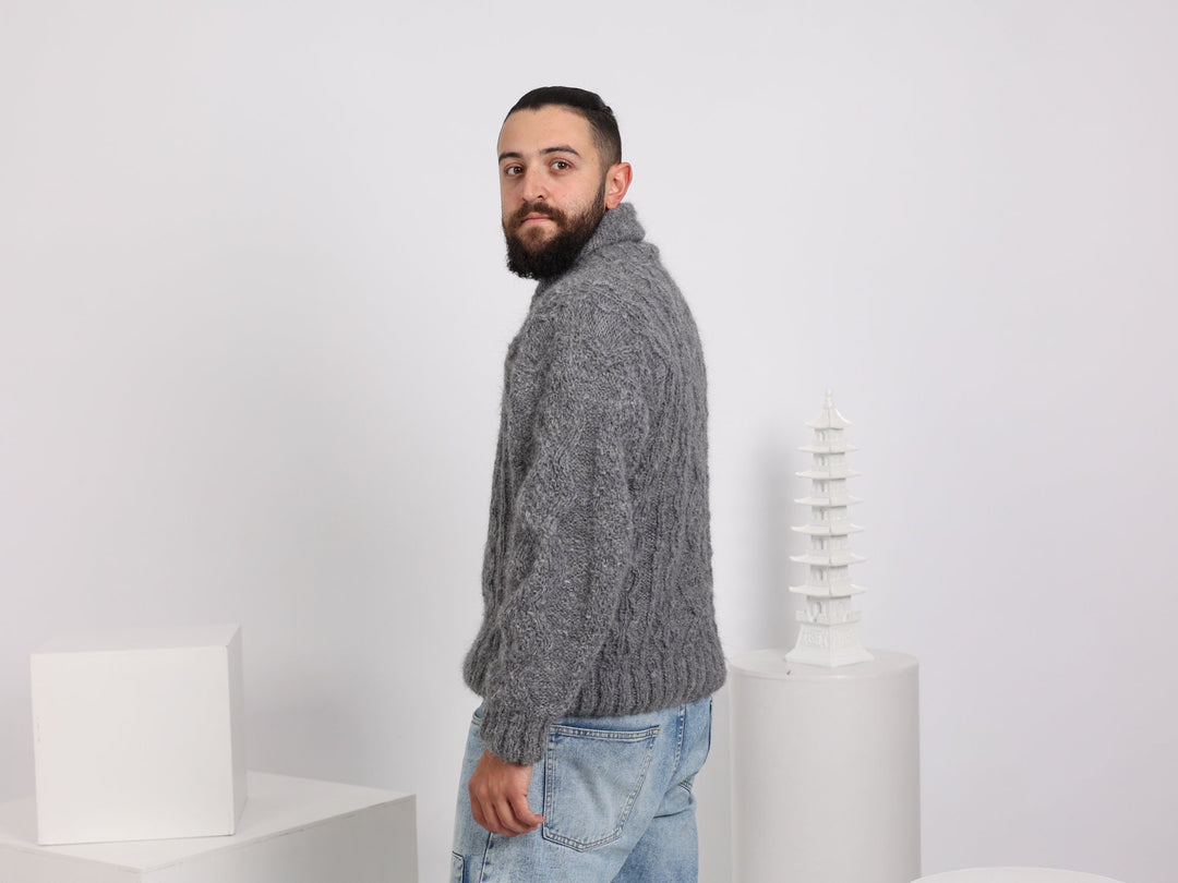 Hand-Knitted Men’s Sweater – Alpaca Superfine Cable Knit Shawl Neck Jumper T1640