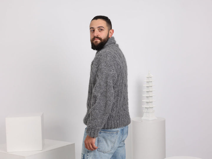 Hand-Knitted Men’s Sweater – Alpaca Superfine Cable Knit Shawl Neck Jumper T1640