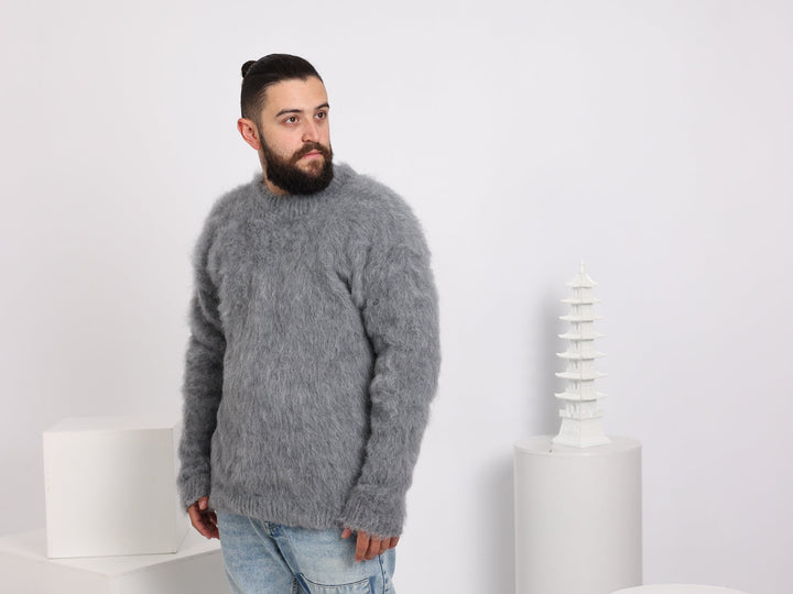 Hand-Knitted Gray Alpaca Blend Sweater – Crew Neck Jumper T1664